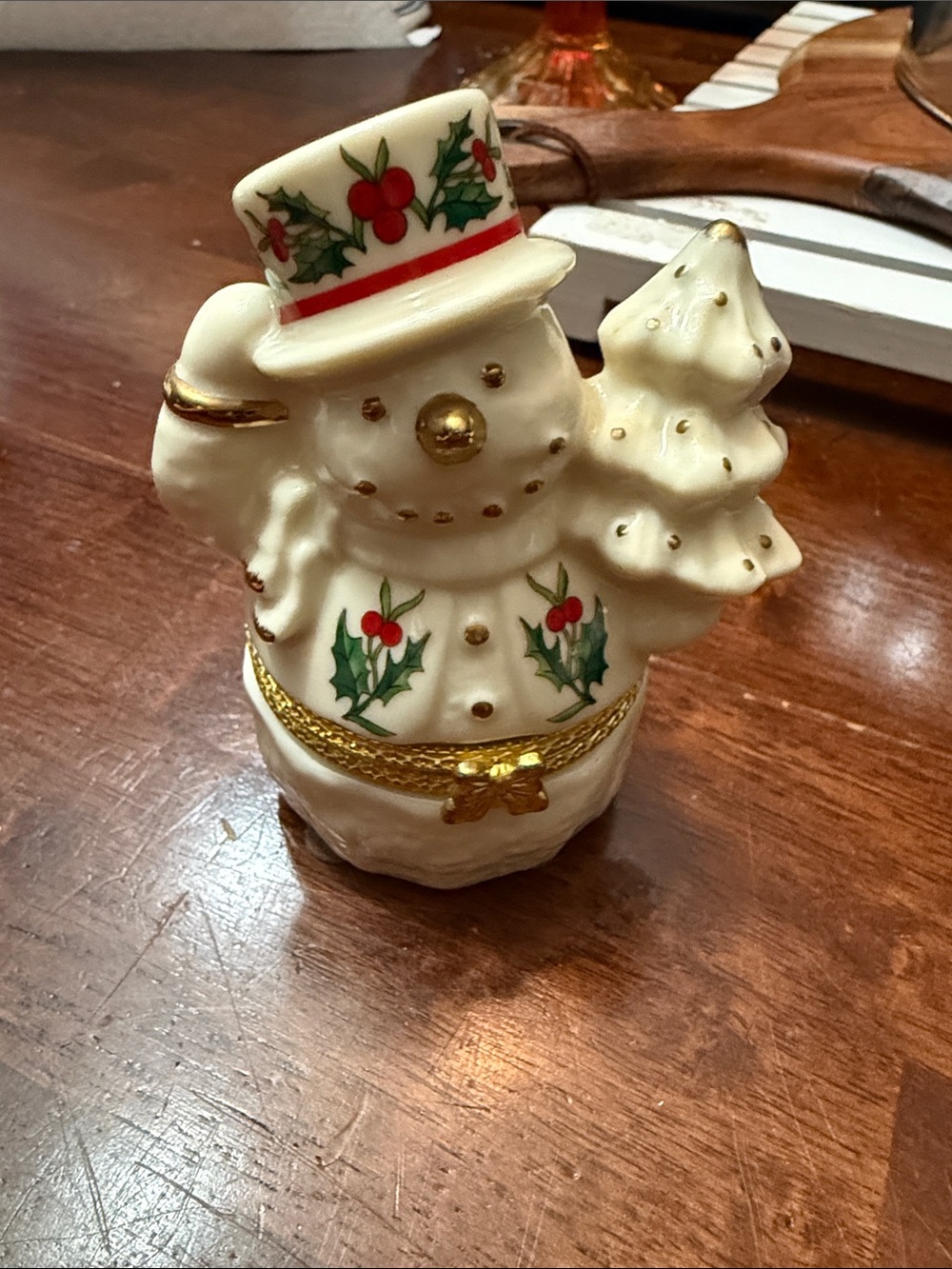 Cream and Gold Holiday Snowman Figurine with Holly Accents trinket box